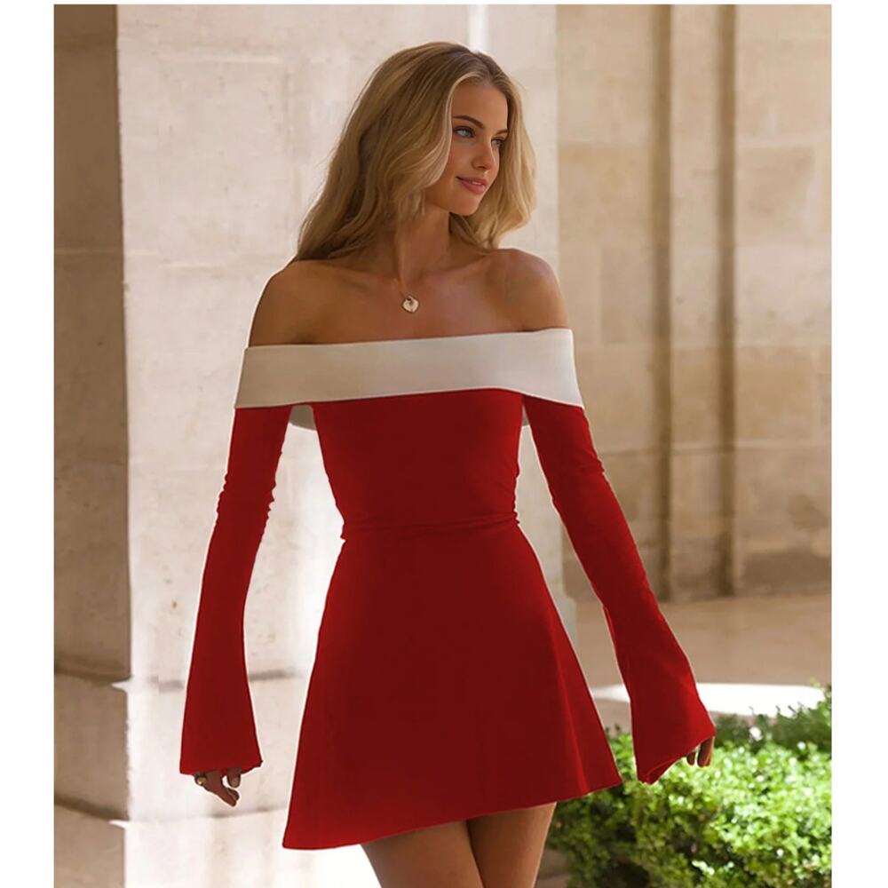 Commense Color Block Off-Shoulder Long Sleeve Short Dress Sz L